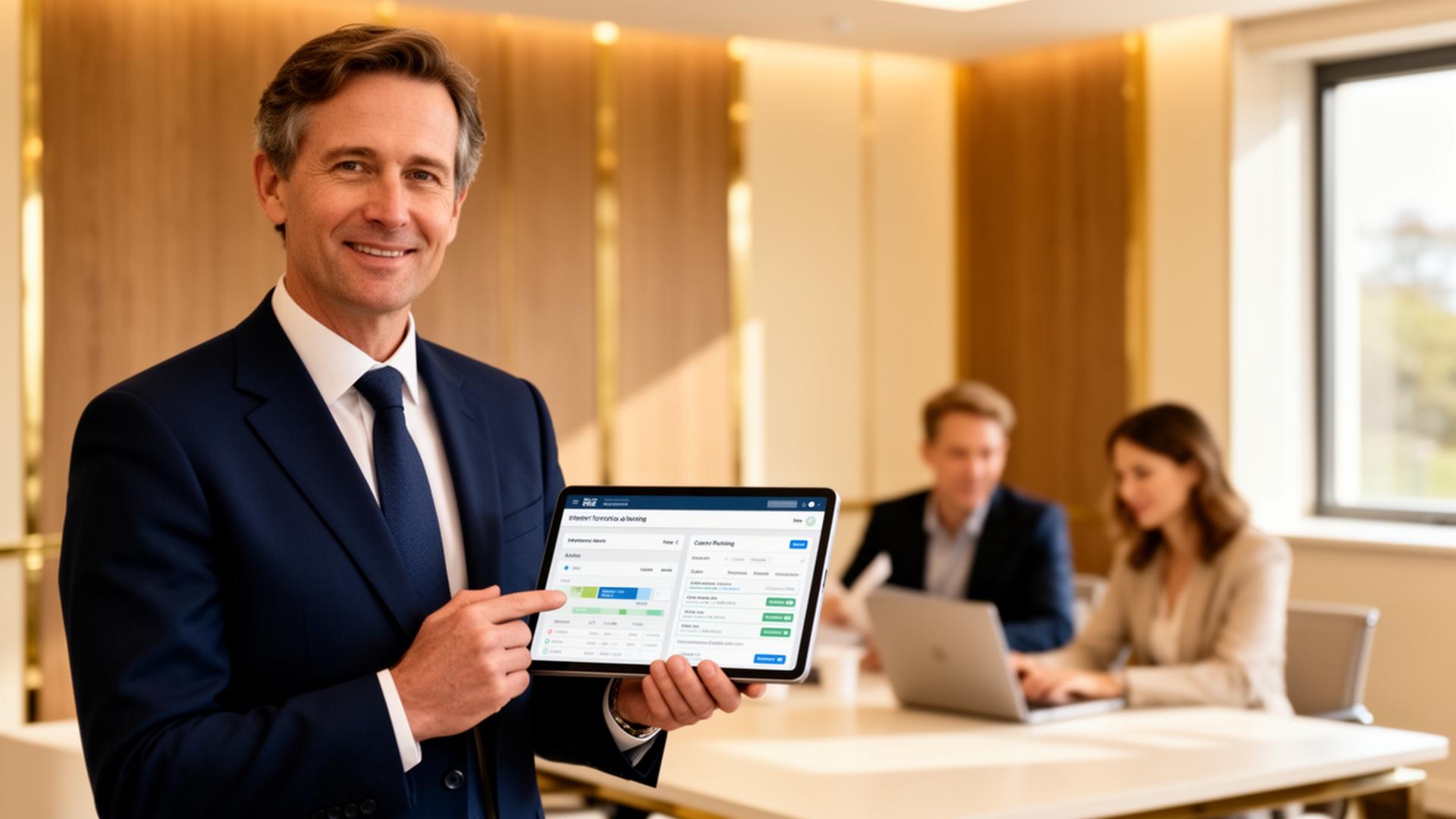 Estate planner using the Inheritance Made Simple platform with colleagues collaborating in the background