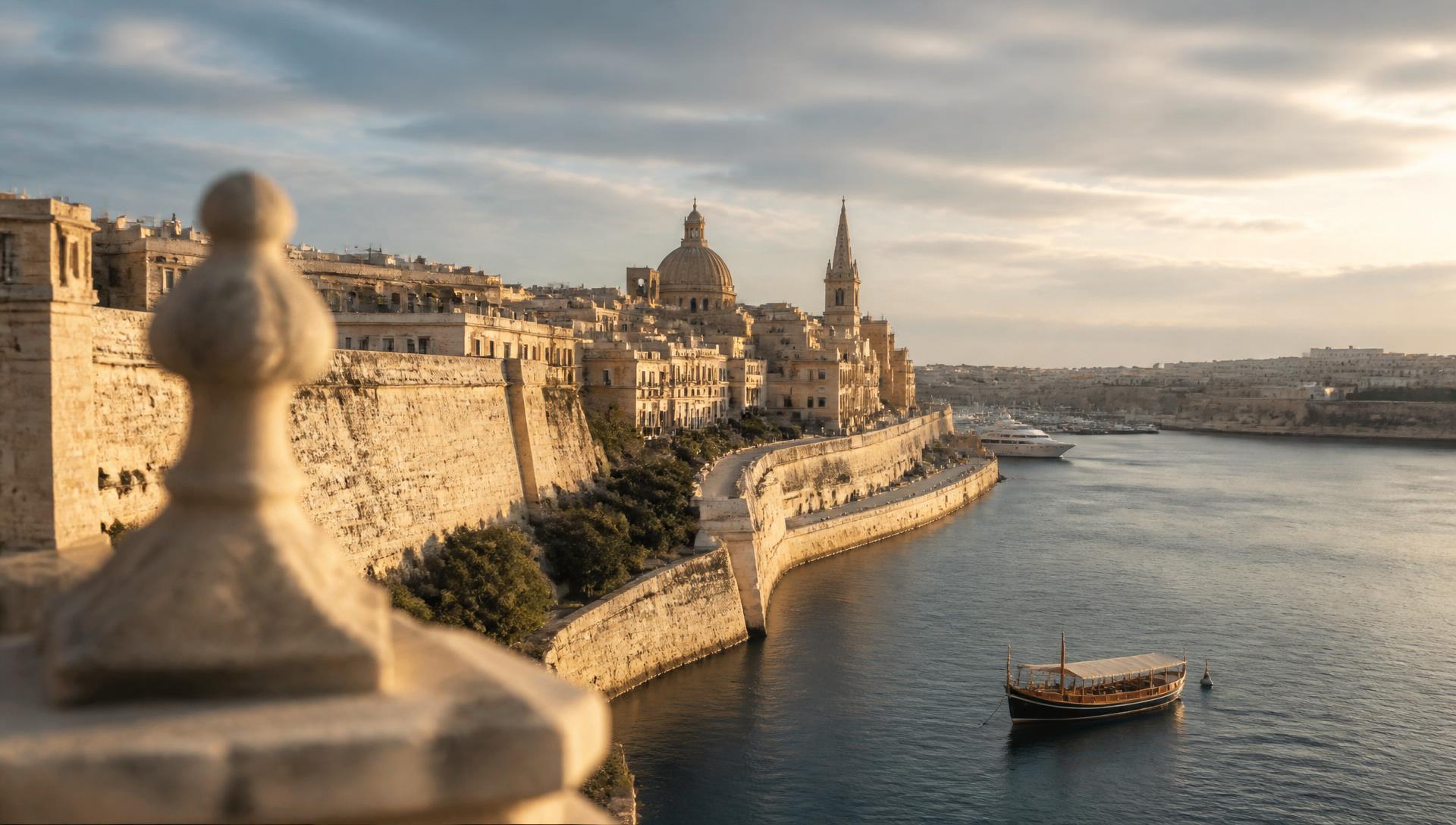 Valletta Grand Harbour at golden hour — Mediterranean limestone architecture and calm harbour waters.