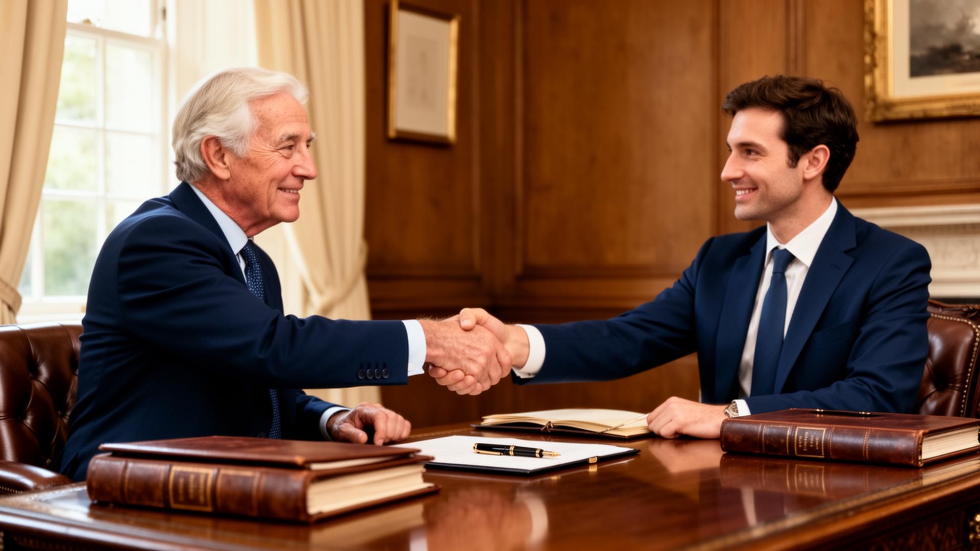 Retiring estate planner shaking hands with a trusted partner during a confidential client handover